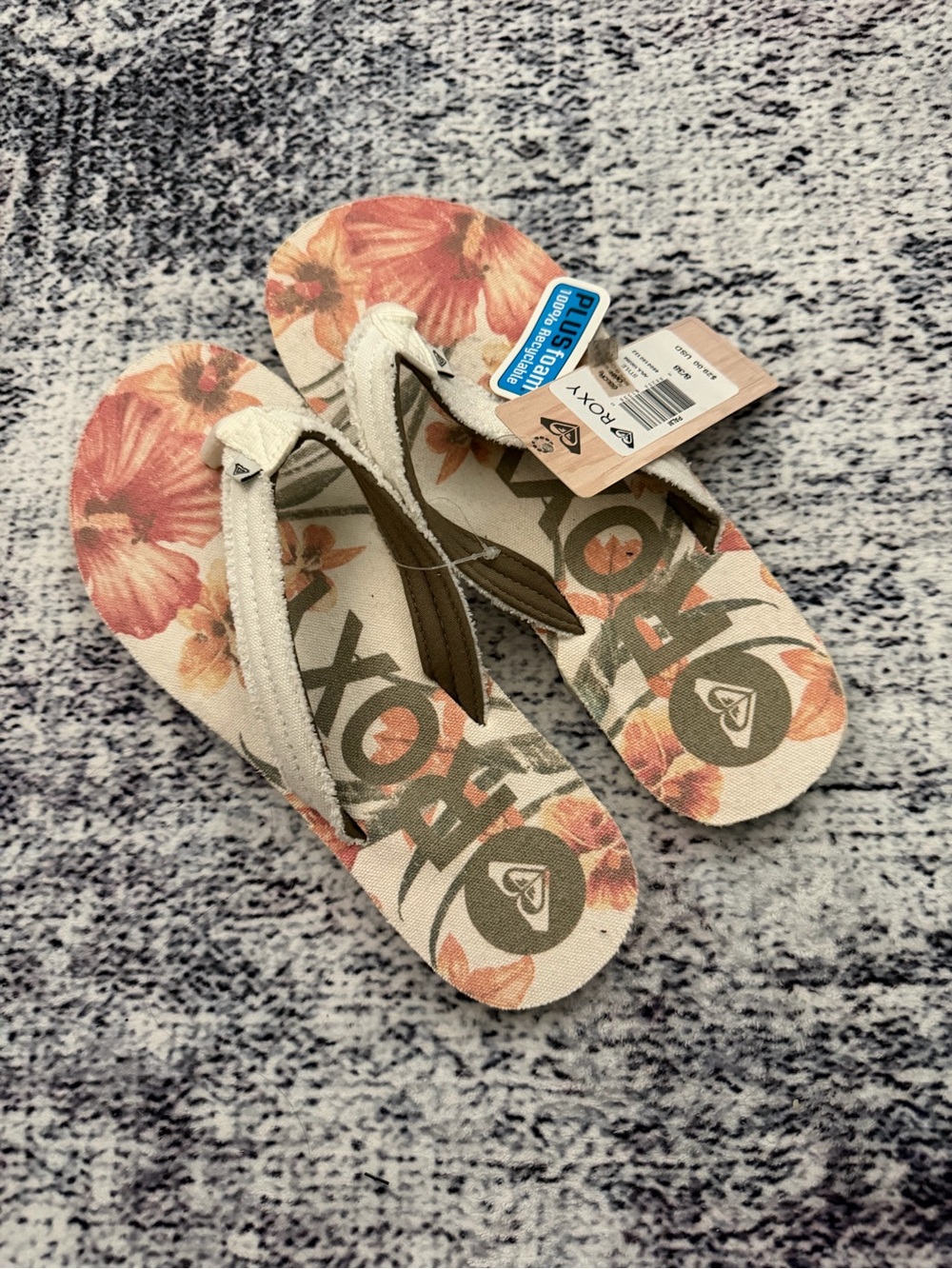 Roxy Floral Canvas Flip Flops in Cream and Coral